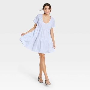 A New Day Flutter Short Sleeve Tiered Dress in Blue Stripe (M)